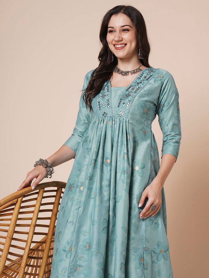 RATAN Women's Gold Printed Viscose Flared Mirrorwork Ethnic Wear Anarkali Kurta (SJWT-7409-M_Teal) - Image 3