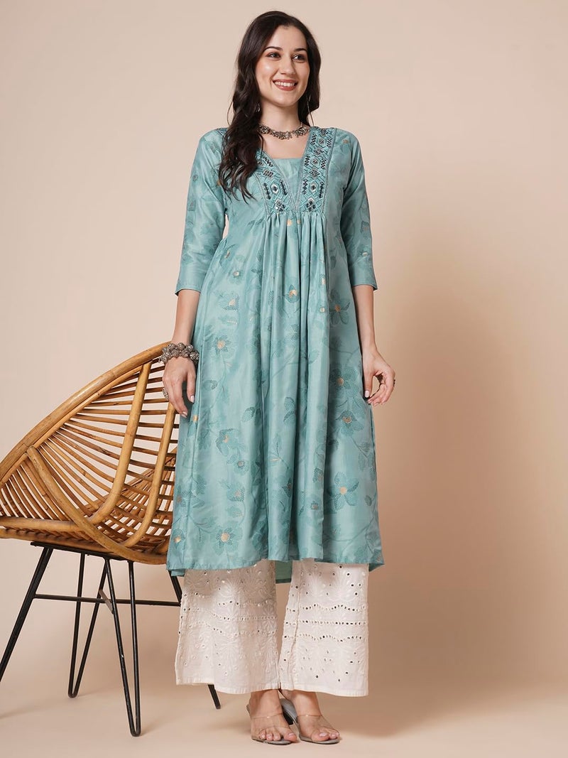 RATAN Women's Gold Printed Viscose Flared Mirrorwork Ethnic Wear Anarkali Kurta (SJWT-7409-M_Teal) - Image 4