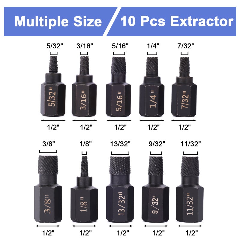Screw Extractor Set, 10 Pcs 3.2-10.3mm Screw Extractor Set Heavy Duty Hex Head Multi-Spline Screw and Bolt Extractor Set with Carry Case for Rust Damaged Studs Bolt Remover Out - Image 5