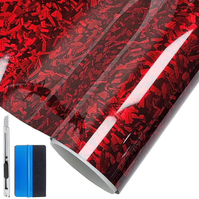 لفائف لزلي ران من الفينيل الكربوني المزيف اللامع مع ملصقات لإطلاق الهواء 1 قدم × 5 أقدام باللون الأحمر