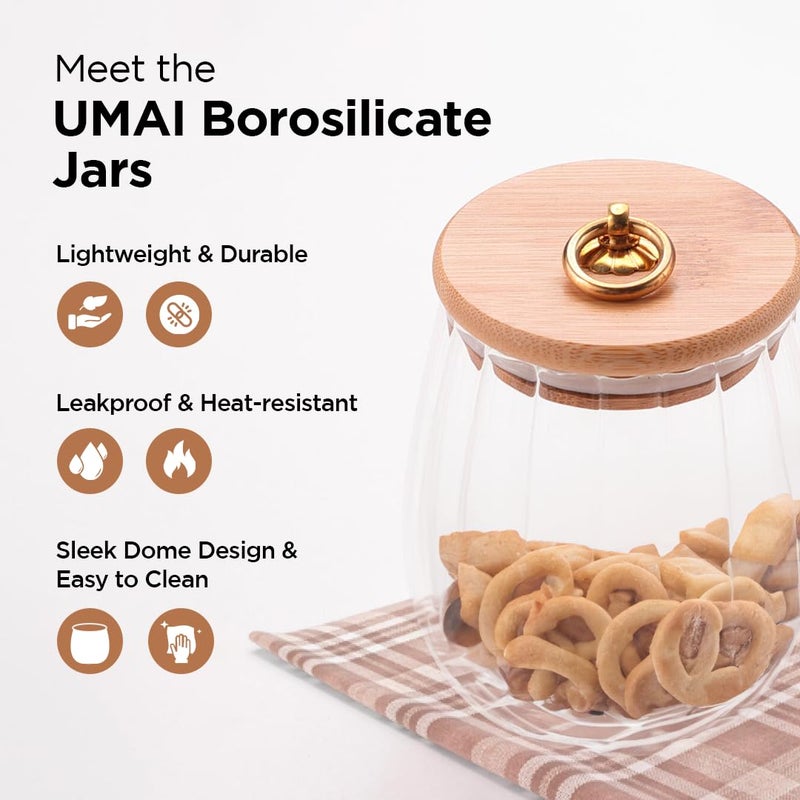 UMAI Borosilicate Glass Jar with Bamboo Lid | Kitchen Organizer Items and Storage | Multi-utility, Leakproof, Airtight Storage Jar for Cookies, Snacks, Tea, Coffee, Sugar | Set of 2 (830ml) - Image 2