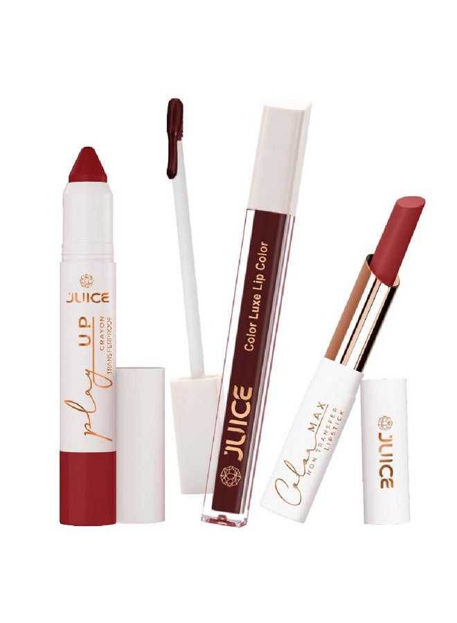 Juice Long Lasting, 3pc Lipstick Combo Set For Women(Flame On-MCR10 Lip Crayon, Maroon Bliss-M08 Liquid Lipstick, Fuchsia Fantasy-M03 Slim Stick) - Image 1