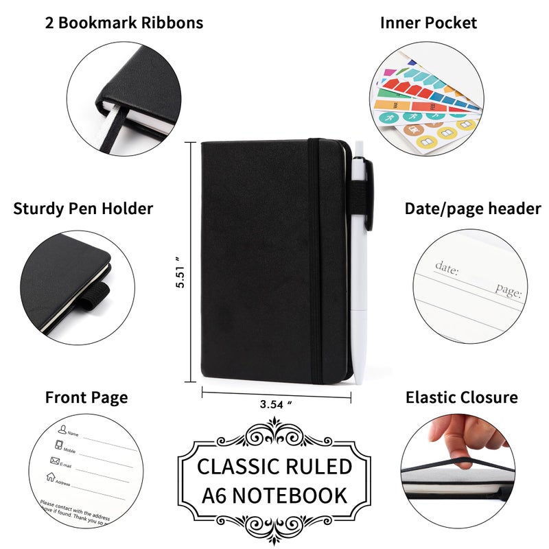 feela 15 Pack Pocket Small Notebooks Bulk, Mini Cute Notepads Hardcover College Ruled Lined Journals with Pen Holder for School Business, with 15 Black Pens, 3.5â€x 5.5â€, A6, Black Navy Dark Green - Image 2