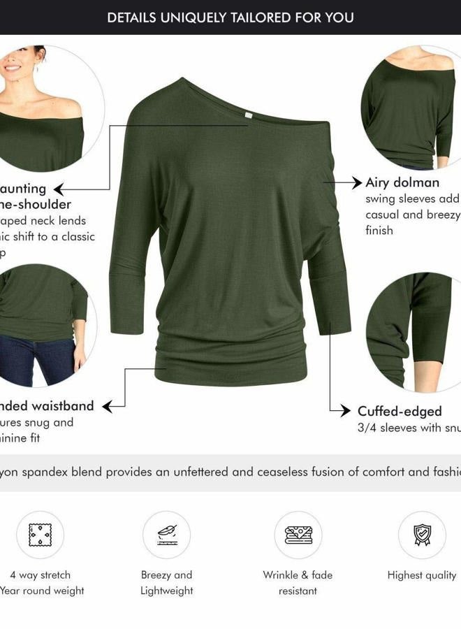 Simlu Dolman Tops for Women Off The Shoulder Tops Banded Waistband Shirts 3/4 Sleeves Regular and Plus Size Tops, Baby Blue, XXL - Image 5
