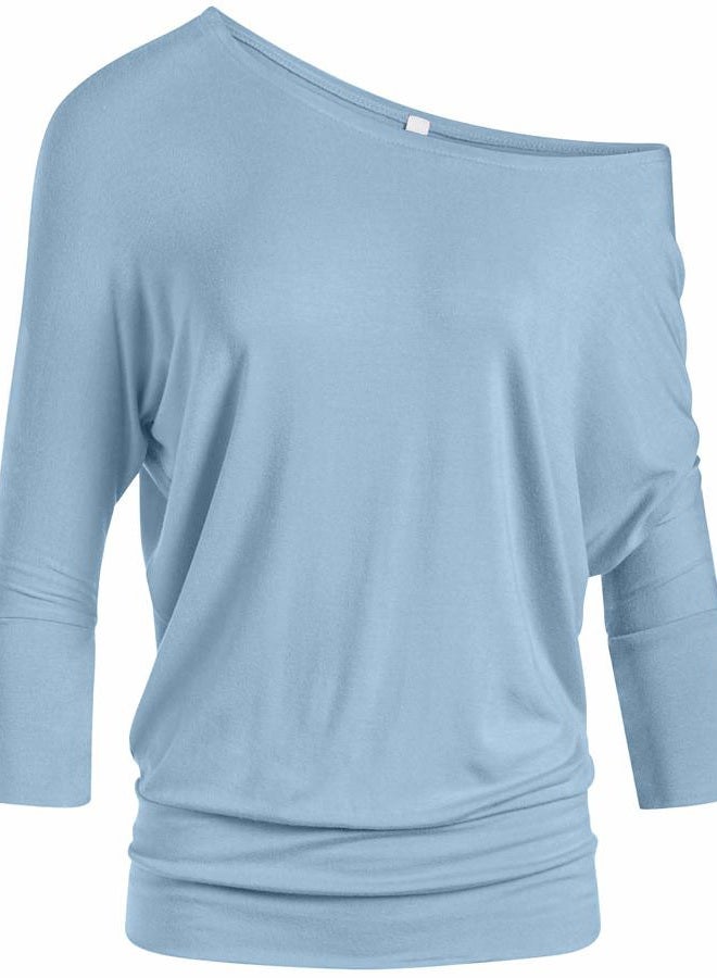 Simlu Dolman Tops for Women Off The Shoulder Tops Banded Waistband Shirts 3/4 Sleeves Regular and Plus Size Tops, Baby Blue, XXL - Image 1