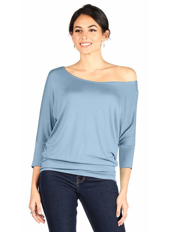 Simlu Dolman Tops for Women Off The Shoulder Tops Banded Waistband Shirts 3/4 Sleeves Regular and Plus Size Tops, Baby Blue, XXL - Image 2