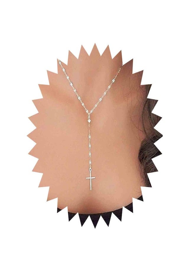 Yheakne Cross Pendant Necklace Silver Cross Y Necklace Choker Minimalist Lariat Necklace Religion Necklace Jewelry for Women (Silver) - Image 1