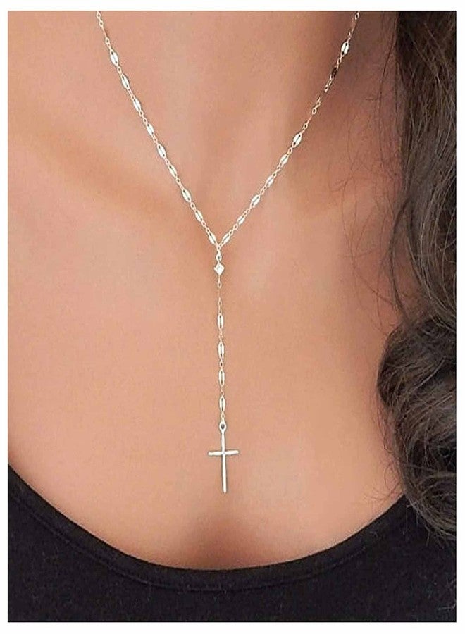 Yheakne Cross Pendant Necklace Silver Cross Y Necklace Choker Minimalist Lariat Necklace Religion Necklace Jewelry for Women (Silver) - Image 2