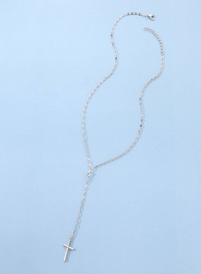 Yheakne Cross Pendant Necklace Silver Cross Y Necklace Choker Minimalist Lariat Necklace Religion Necklace Jewelry for Women (Silver) - Image 3