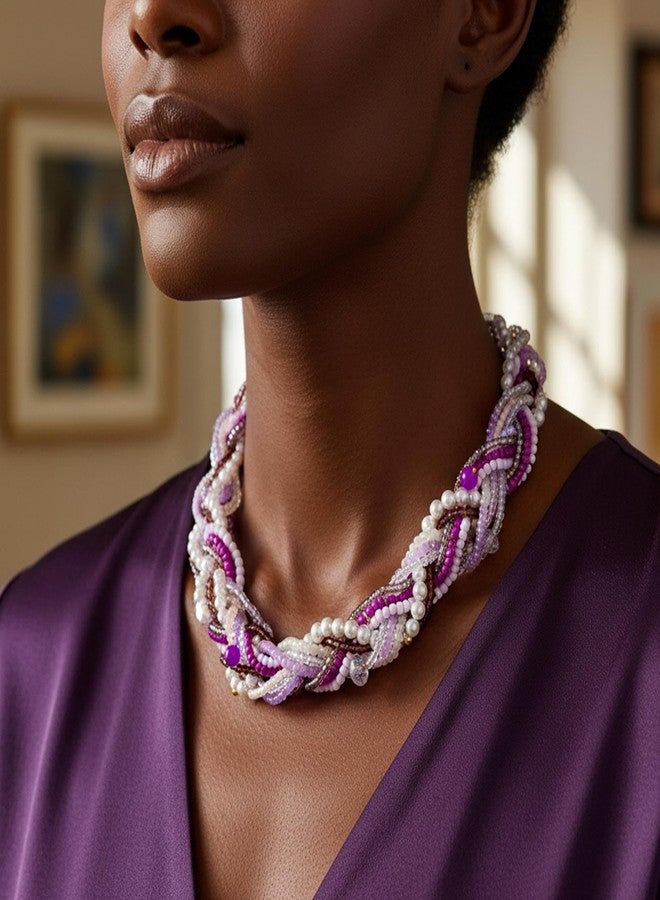 ELABEST Beaded Pearl Necklace for women Handmade Plait Trendy Boho Y2K Crystal Choker (Purple) - Image 2