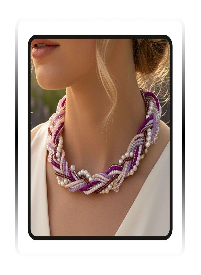 ELABEST Beaded Pearl Necklace for women Handmade Plait Trendy Boho Y2K Crystal Choker (Purple) - Image 1