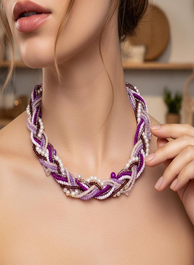 ELABEST Beaded Pearl Necklace for women Handmade Plait Trendy Boho Y2K Crystal Choker (Purple) - Image 4