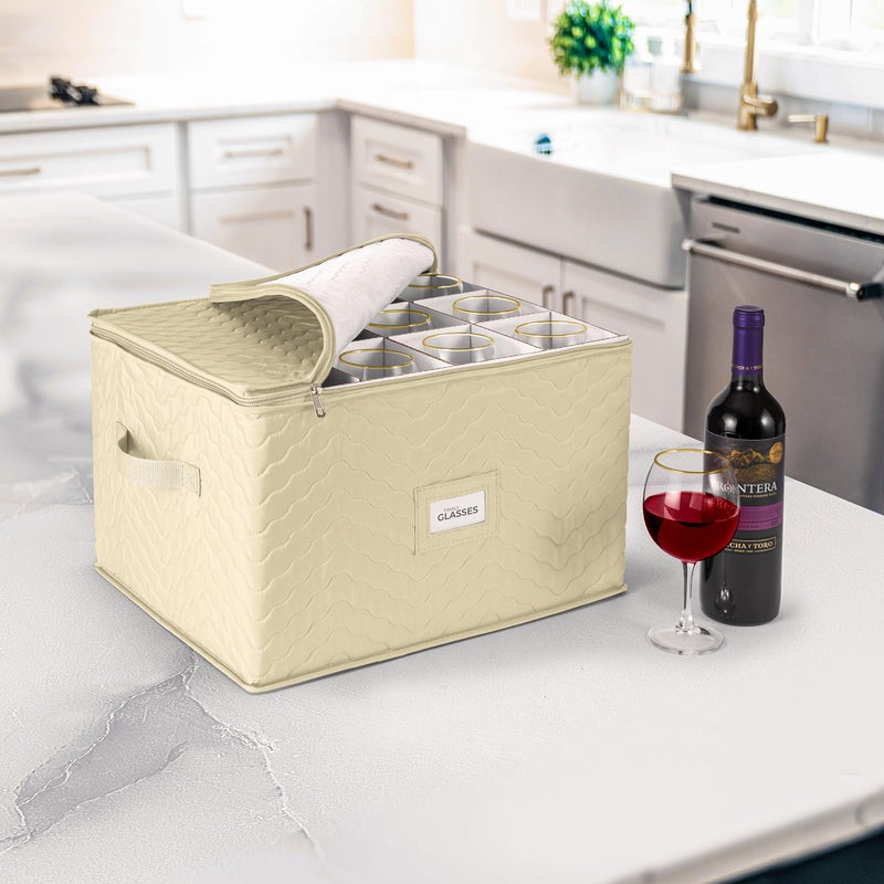 Sorbus Stemware Storage Chest - Deluxe Quilted Case with Dividers - Service for 12 - Great for Protecting or Transporting Wine Glasses, Champagne Flutes, Goblets, and more (Storage Glass - Beige) - Image 3