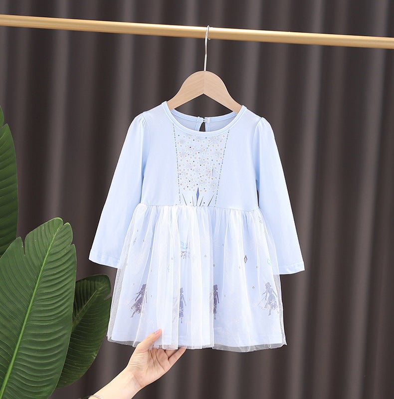 Spring Princess Girls Elsa Princess Dress Cartoon Korean Long Sleeve Girl Dress Pleated Dress - Image 1