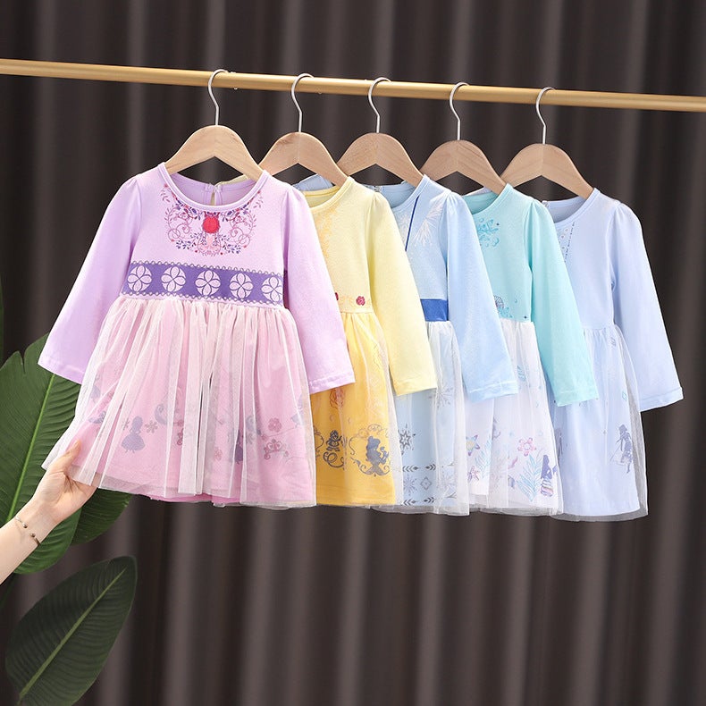 Spring Princess Girls Elsa Princess Dress Cartoon Korean Long Sleeve Girl Dress Pleated Dress - Image 3