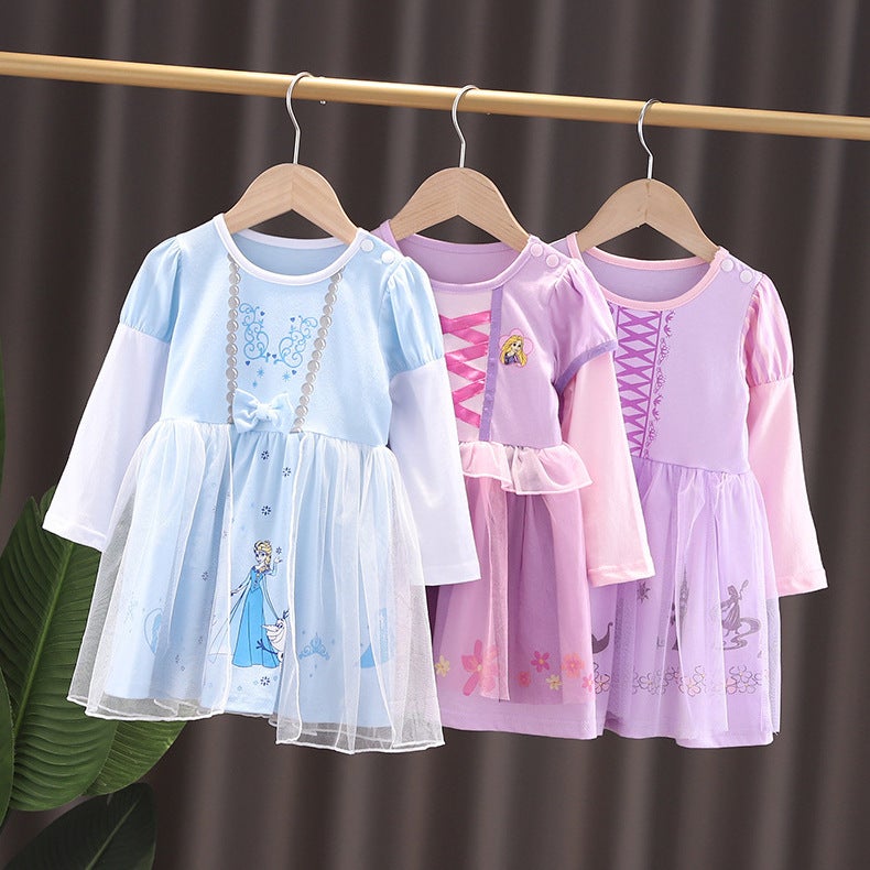Spring Princess Girls Elsa Princess Dress Cartoon Korean Long Sleeve Girl Dress Pleated Dress - Image 5