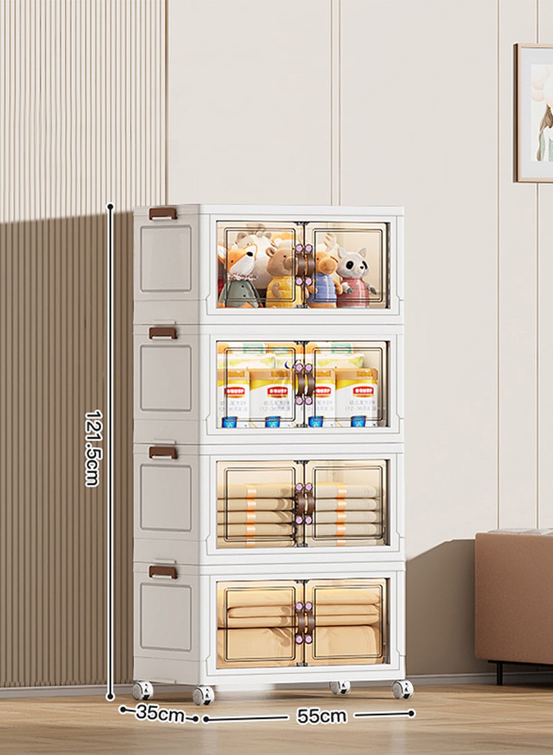 Ollieroo خزانة تخزين بلاستيكية قابلة للطي بأربعة أرفف مع عجلات – منظم PP بأبواب مغناطيسية شفافة، تصميم قابل للتكديس ويوفر المساحة للمطبخ أو غرفة النوم أو غرفة المعيشة، 55 × 35 × 121.5 سم - Image 2