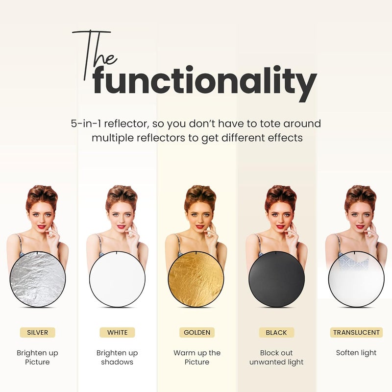 Digitek (DRB 5-1) عاكس كاميرا 45 بوصة / 110 سم 5 في 1 ضوء متعدد الأقراص القابل للطي مع حقيبة - شفاف، فضي، ذهبي، أبيض وأسود للتصوير الفوتوغرافي في الاستوديو - Image 5