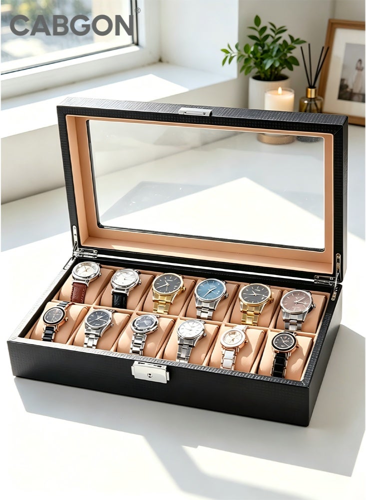 CABGON 12-Slot Luxury Watch Box Organizer for Men,Premium PU Leather Watch Storage Box with Lock - Image 1