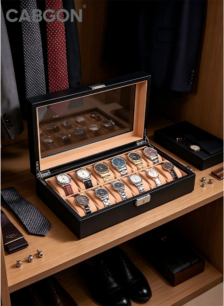 CABGON 12-Slot Luxury Watch Box Organizer for Men,Premium PU Leather Watch Storage Box with Lock - Image 2