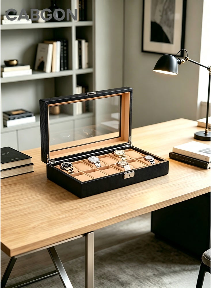 CABGON 12-Slot Luxury Watch Box Organizer for Men,Premium PU Leather Watch Storage Box with Lock - Image 3