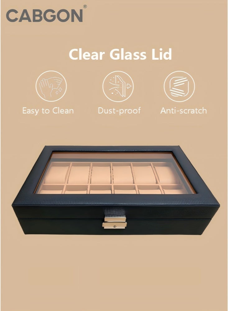 CABGON 12-Slot Luxury Watch Box Organizer for Men,Premium PU Leather Watch Storage Box with Lock - Image 4