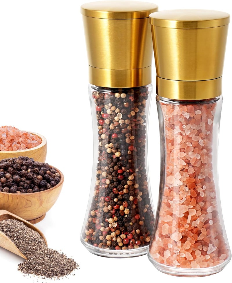 VEVOK CHEF مجموعة مطحنة الملح والفلفل الذهبية من VEVOK CHEF، مطحنة فلفل من الفولاذ المقاوم للصدق، قابلة للتعديل بسماكة خزفية، مطحنة ملح، مطحنة بهارات فلفل أسود - Image 1