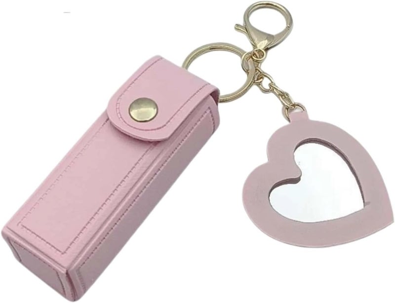 pureza 2pcs Portable PU Leather Lipstick Holder Keychain with Heart Mirror - Stylish Mini Cosmetic Bag for Women & Girls - Image 1