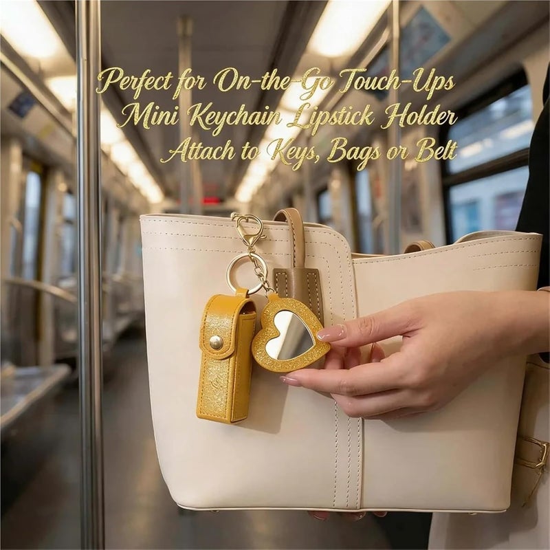 pureza 2pcs Portable PU Leather Lipstick Holder Keychain with Heart Mirror - Stylish Mini Cosmetic Bag for Women & Girls - Image 2