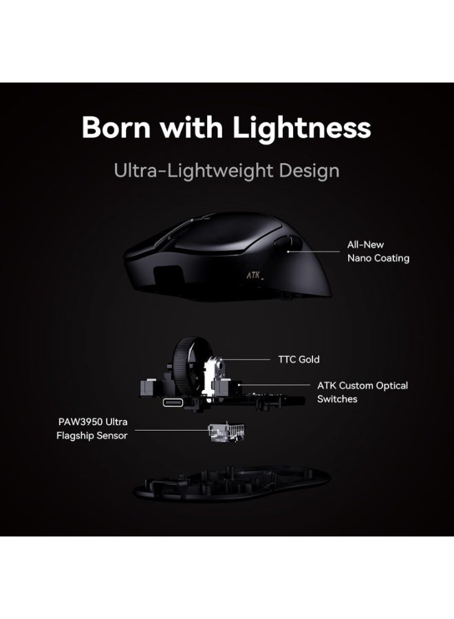 اي تي كي ماوس الألعاب اللاسلكي ثلاثي الأوضاع U2 V2 Ultimate – مستشعر PAW3950 فائق الدقة، 42000 نقطة في البوصة، بلوتوث، لاسلكي بتردد 2.4 جيجاهرتز وسلكي USB-C، معدل استجابة مزدوج 8000 هرتز، خفيف الوزن للغاية 45 جرام (أسود) - Image 3
