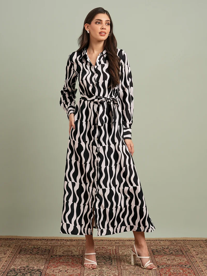 جلو باص Women Black Collared Neck Cuffed Sleeves Abstract Print Maxi Workwear Shirt Dress With Belt