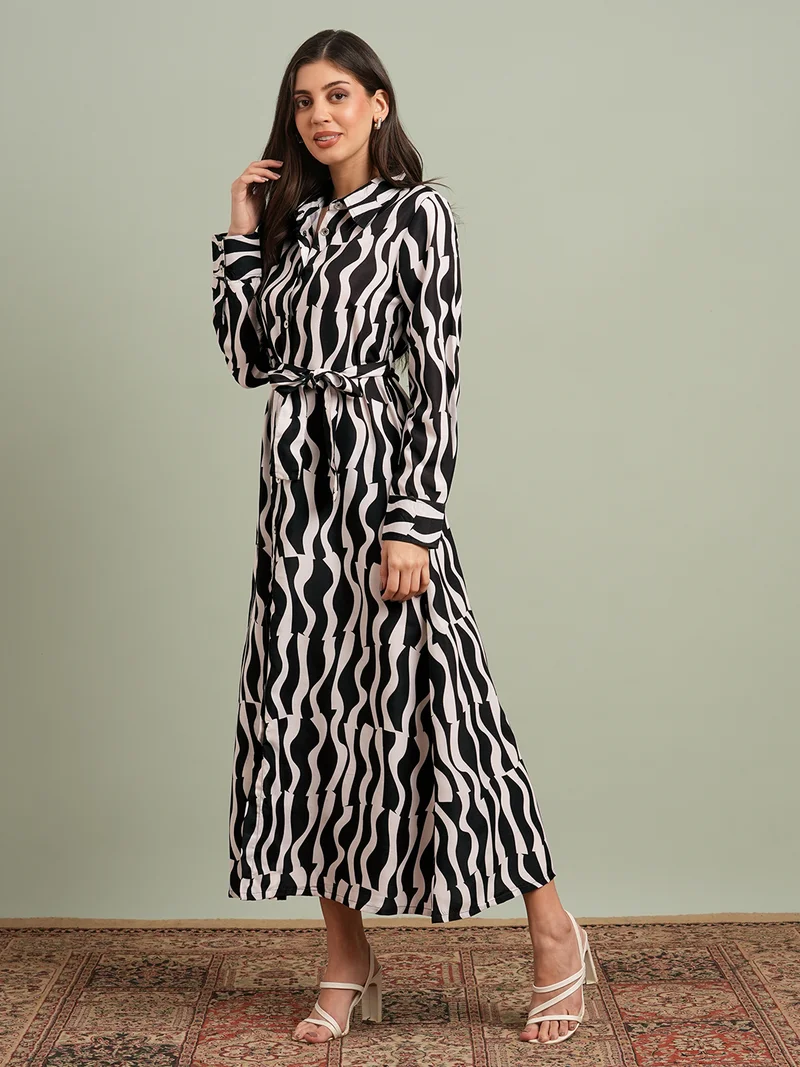 جلو باص Women Black Collared Neck Cuffed Sleeves Abstract Print Maxi Workwear Shirt Dress With Belt