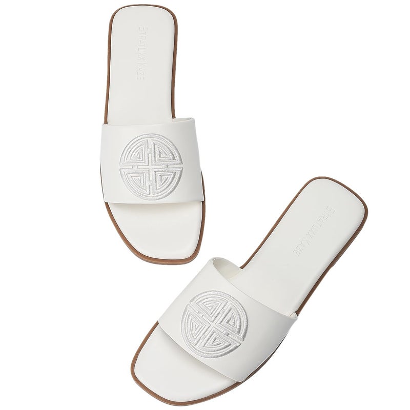 Stratuxx Kaze Womens Flat Sandals Dressy Summer Slide with Memory Foam Comfortable Cute Leather White Sandals for Women