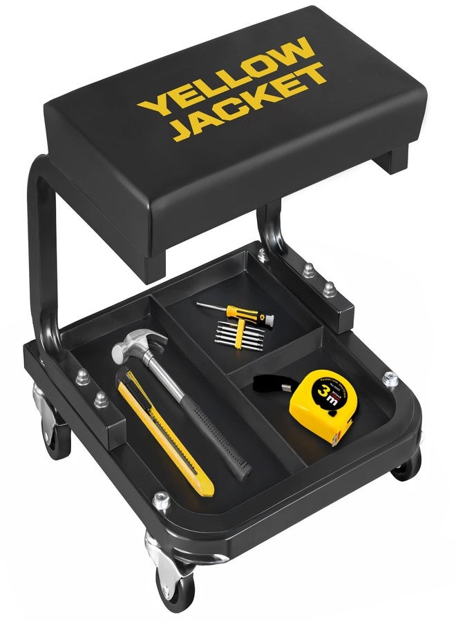 يلو جاكيت كرسي دوار بعجلات من يلو جاكيت، يتحمل وزنًا يصل إلى 250 رطلاً، كرسي ميكانيكي ورشة عمل مزود بصينية تخزين للأدوات، مناسب للجراج والورشة وإصلاح السيارات. - Image 1