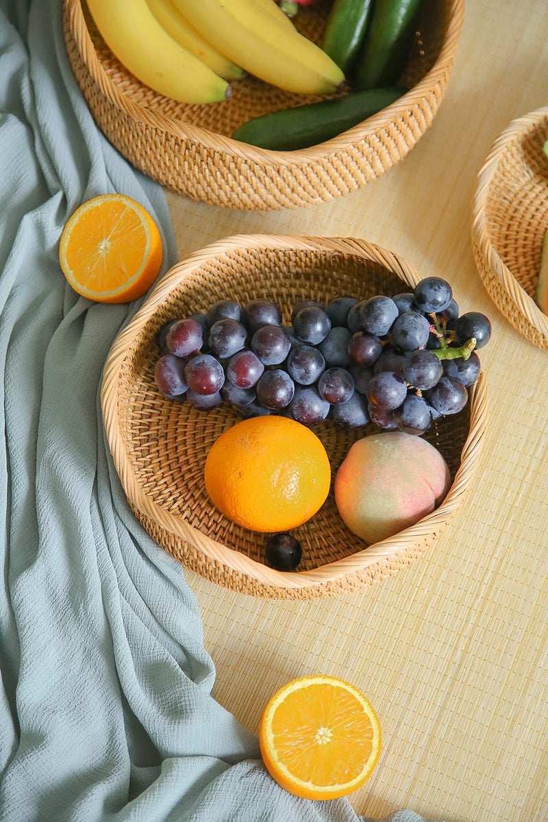 Hitomen Handmade Rattan Bread Baskets Round Wicker Fruit Serving Storage Bowls  Natural Woven Decorative Kitchen Counter Organizing (Honey Brown) M-10.2'' - Image 2