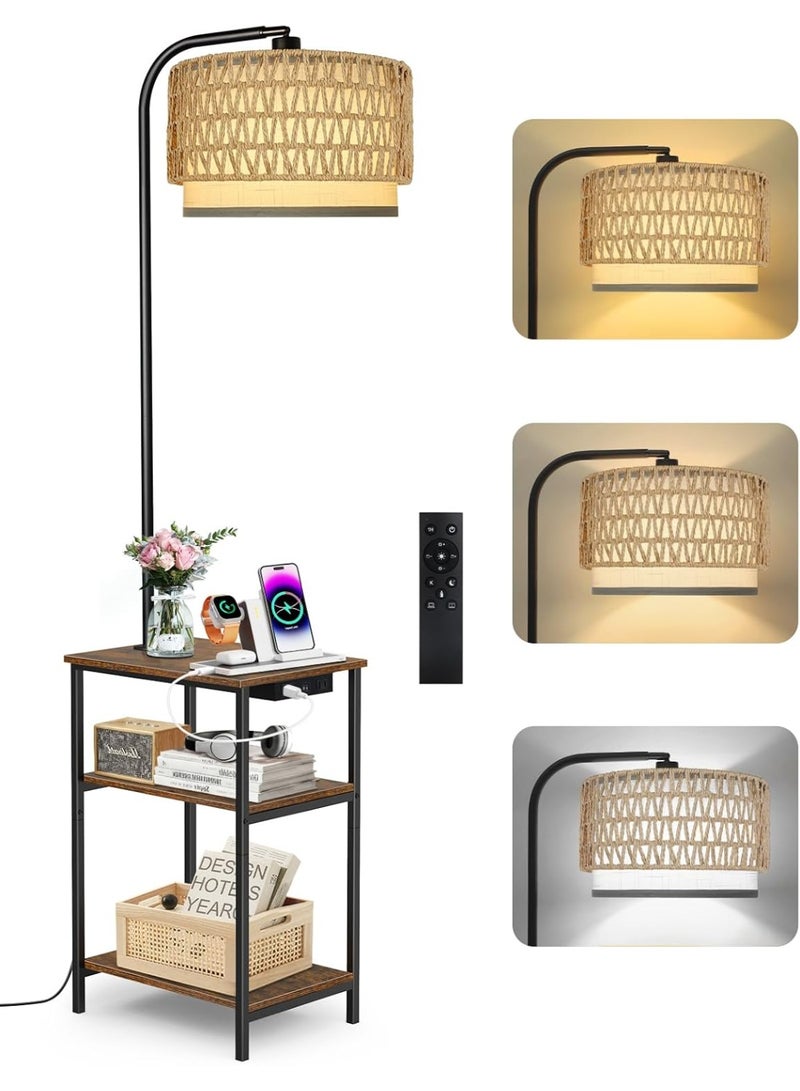 OUTON Rattan Floor Lamp with Side Table for the Living Room, Featuring USB and Type-C Charging Stations End Table Lamp with 3-Color-Temperature LED Bulb for the Bedroom, Rustic Brown - Image 1