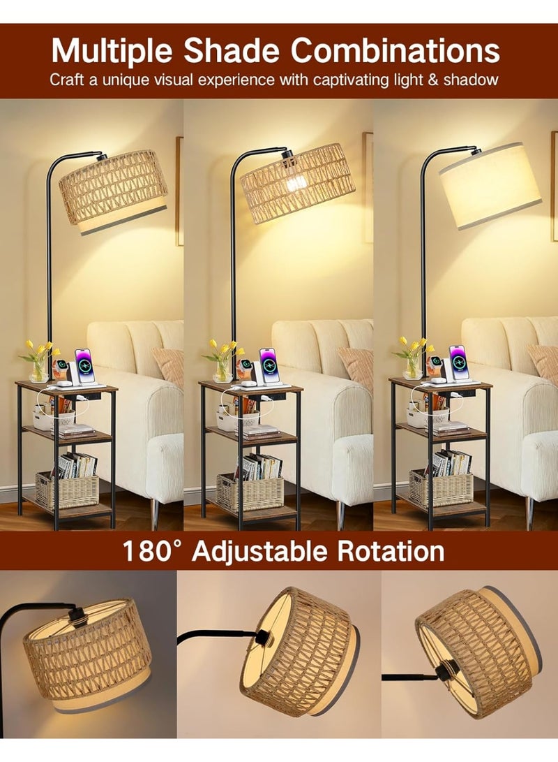 OUTON Rattan Floor Lamp with Side Table for the Living Room, Featuring USB and Type-C Charging Stations End Table Lamp with 3-Color-Temperature LED Bulb for the Bedroom, Rustic Brown - Image 3
