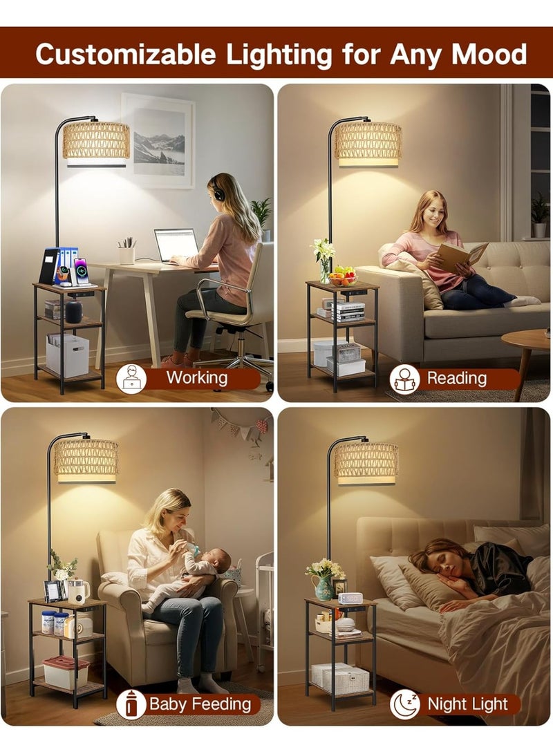 OUTON Rattan Floor Lamp with Side Table for the Living Room, Featuring USB and Type-C Charging Stations End Table Lamp with 3-Color-Temperature LED Bulb for the Bedroom, Rustic Brown - Image 5