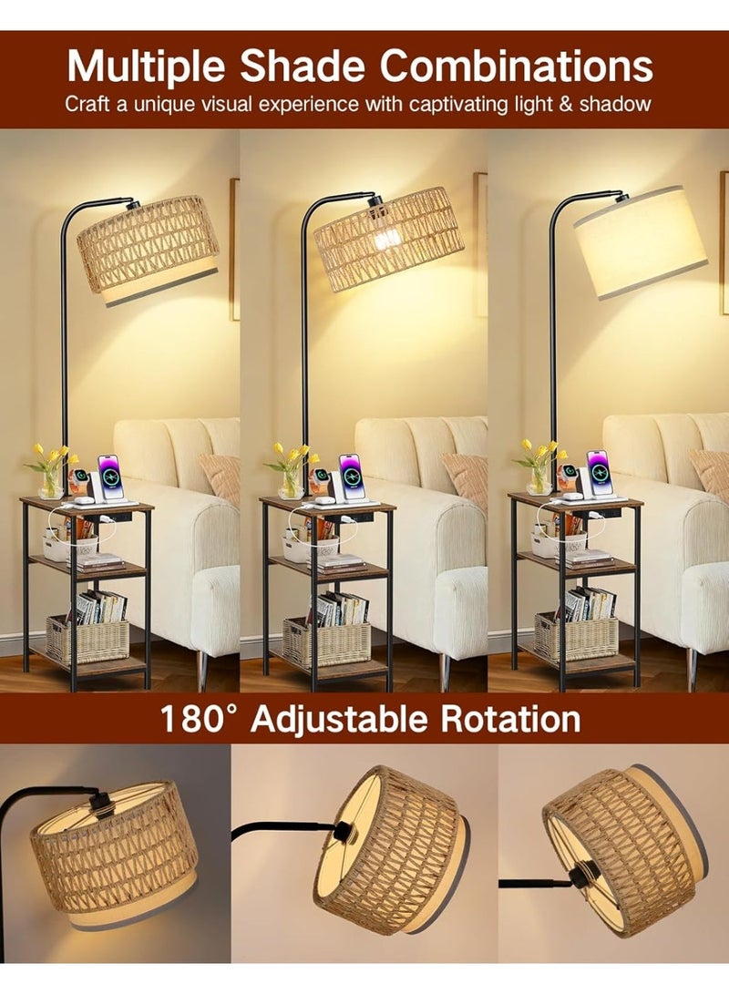 OUTON مصباح أرضي من الروطان مع طاولة جانبية لغرفة المعيشة، مزود بمنافذ شحن USB وType-C؛ ومصباح طاولة جانبية مزود بمصباح LED بثلاث درجات حرارة لونية لغرفة النوم، باللون البني الريفي - Image 4