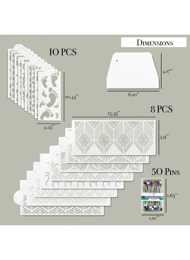 Qualiteia 18 PCS Cake Stencils Set - Templates with Scraper and 50 Pins for Decorating Dessert Baking Buttercream Icing Molds Lace Mermaid- Mesh Floral Reusable Spray Fondant Cookie Wedding - Image 3