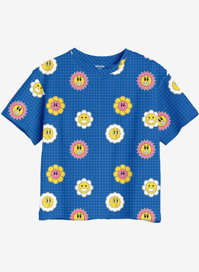 Bonkids BONKIDS Girls Conversational Printed Cap Sleeves Applique Cotton Oversized T-shirt