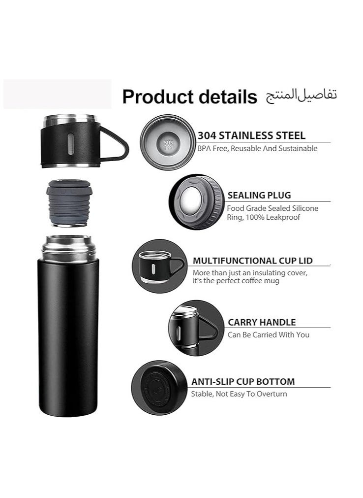 Generic - Thermos Flask 500ml Stainless Steel Insulated Bottle with 3 Cups – Leak-Proof Hot & Cold Travel Bottle for Coffee & Tea - Image 1