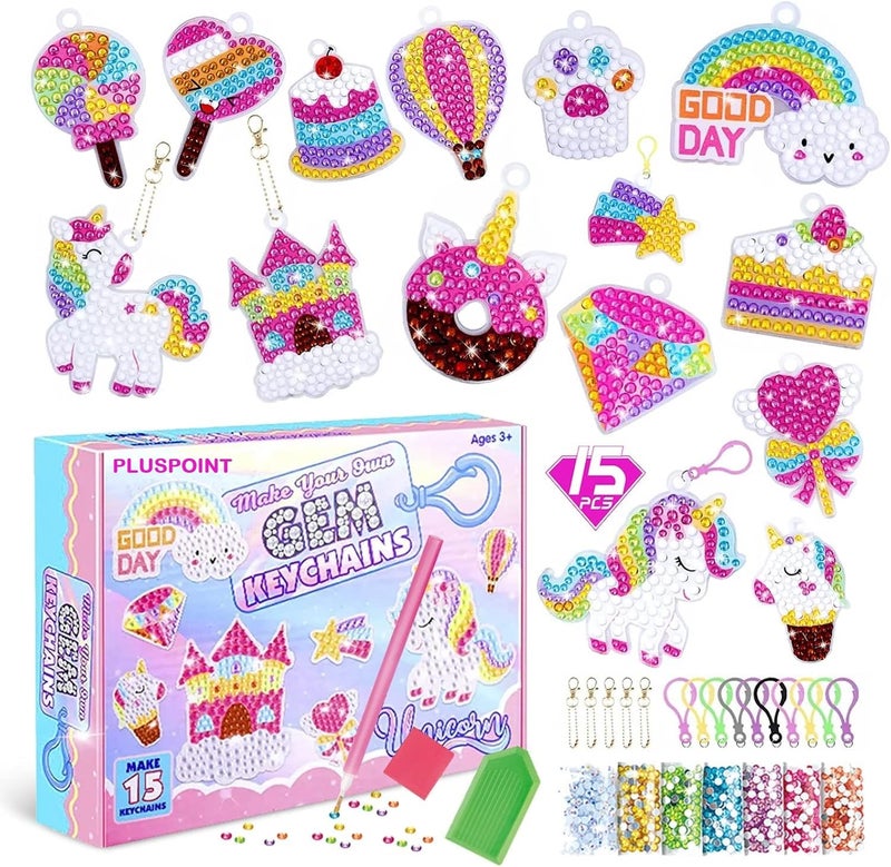 PLUSPOINT Unicorn Diamond Painting Kit Gem Art Keychains 5D Diamond Art Craft Kit for Kids 15 PCs DIY Diamond Art Key Chains Creative Decorative Pendant Key Ring for Ages 512 Birthday Festival Gift - Image 1