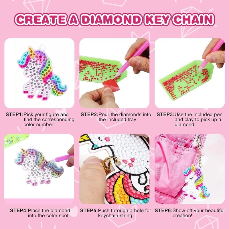 PLUSPOINT Unicorn Diamond Painting Kit Gem Art Keychains 5D Diamond Art Craft Kit for Kids 15 PCs DIY Diamond Art Key Chains Creative Decorative Pendant Key Ring for Ages 512 Birthday Festival Gift - Image 5