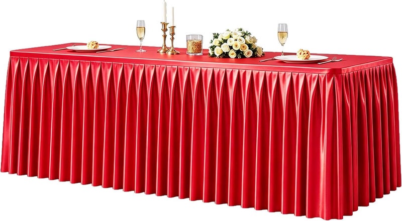 1 Pack Red Satin Tablecloths Rectangle 8FT, Glitter Spandex Fitted Stretch Table Covers Wrinkle-Free Floor Length Shimmer Table Skirt for Weddings Parties Baby Shower Banquets Vendor Events
