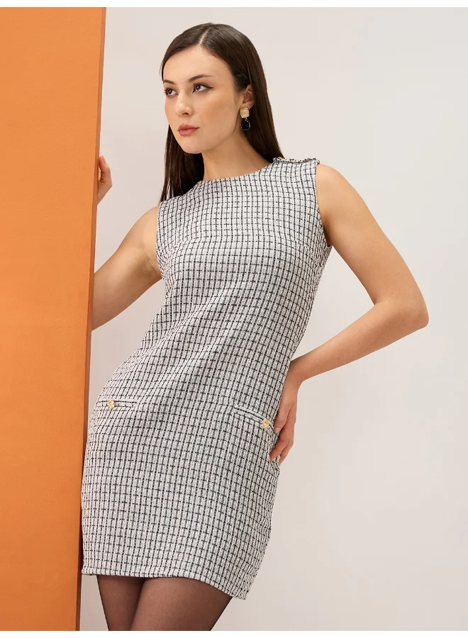 جلو باص Globus Women Grey Tweed Checkered Round Neck Utility Pockets Mini Sheath Workwear Dress