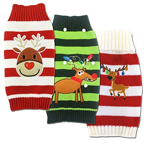 Mikayoo pet Sweater for Small Dog/cat,Ugly Sweater,Color Horizontal Stripes,Christmas Holiday Xmas, Elk Series, Reindeer Series,with Lights and Snowball(S) - Image 2