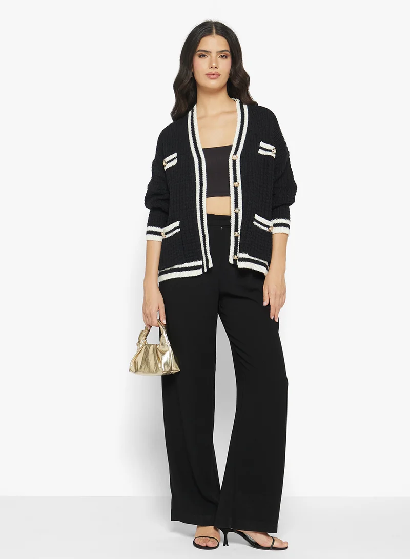 جينجر Varsity Style Button Up Cardigan with Contrast Trim