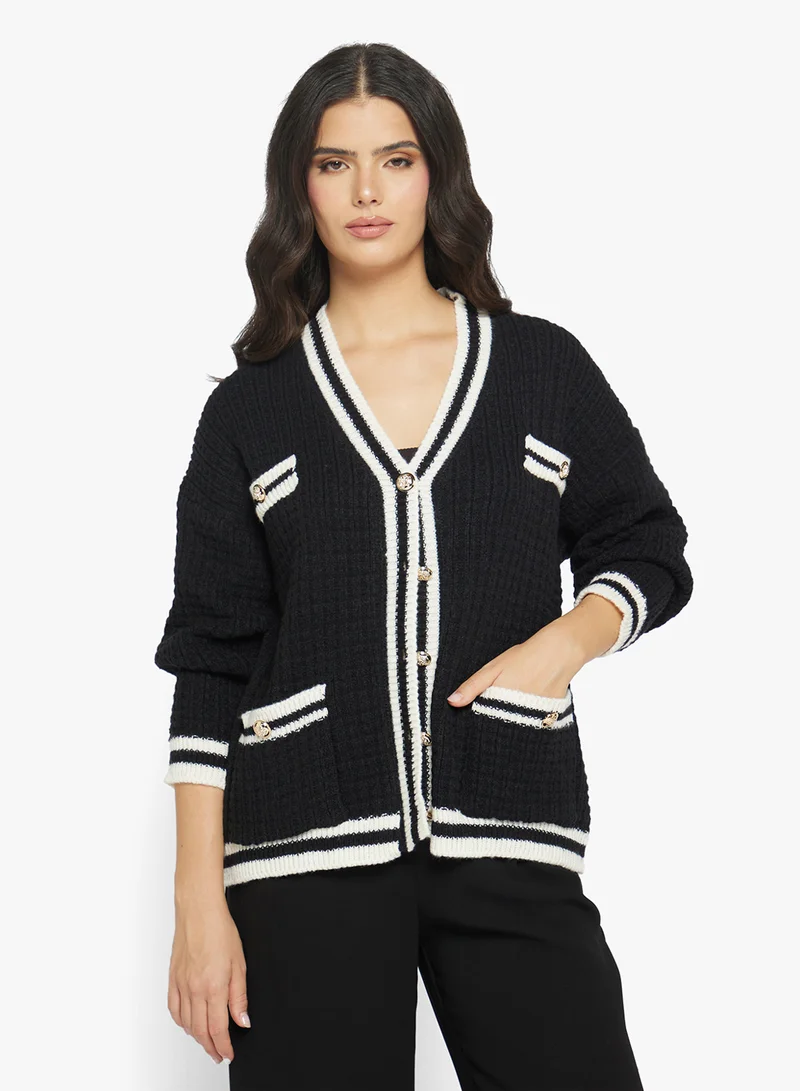 جينجر Varsity Style Button Up Cardigan with Contrast Trim