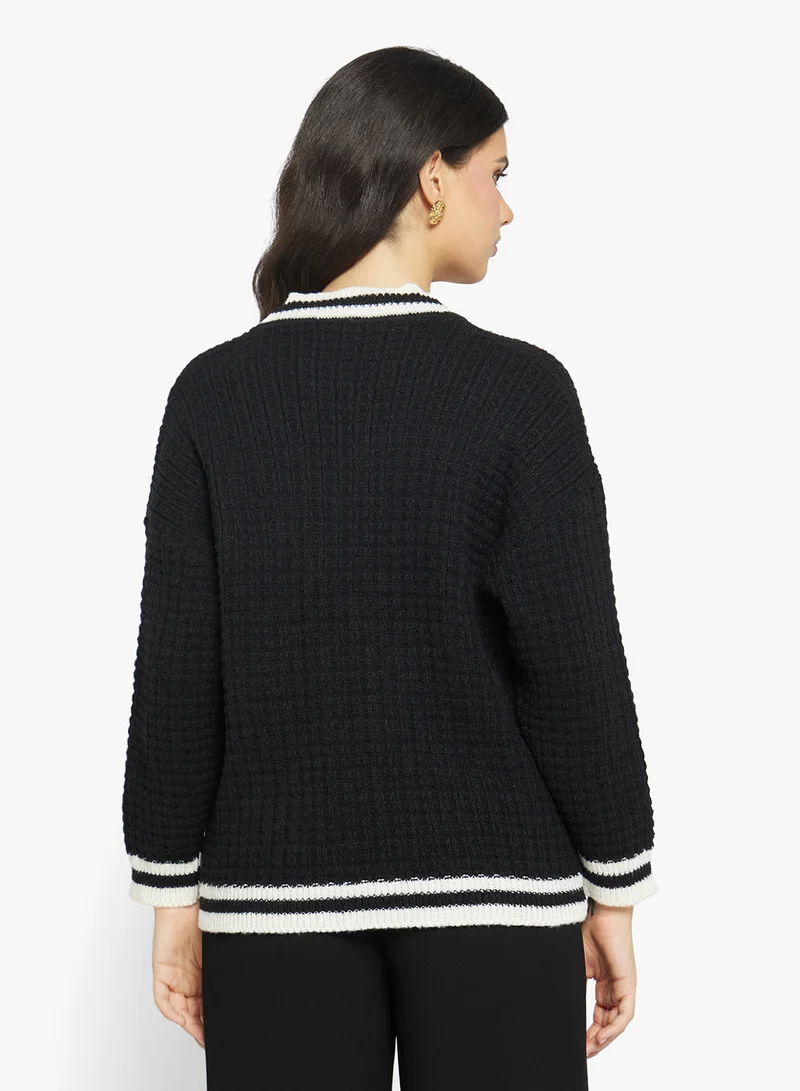 جينجر Varsity Style Button Up Cardigan with Contrast Trim